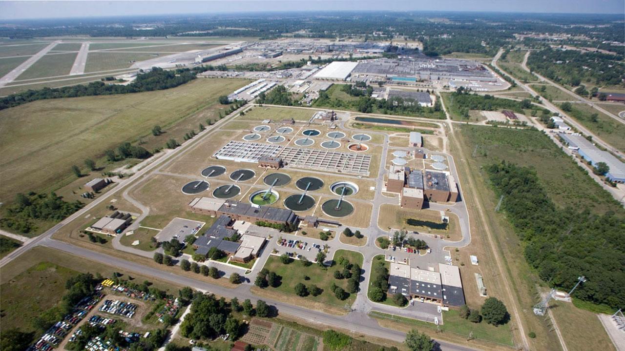 Aerial view of the Wastewater Treatment Plant at Ypsilanti Community Utilities Authority, Michigan